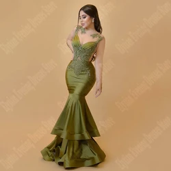 2025 Classic Green Satin Evening Dresses Appliques Women Formal Party Customized Prom Gowns Charming Tiered Vestidos De Noche