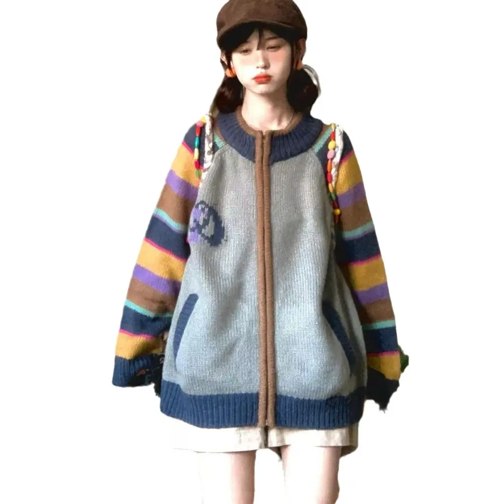 

Retro Women's Contrast Sweater Soft Waxy Knitted Cardigan round Neck Zipper Loose Coat for Autumn Winter