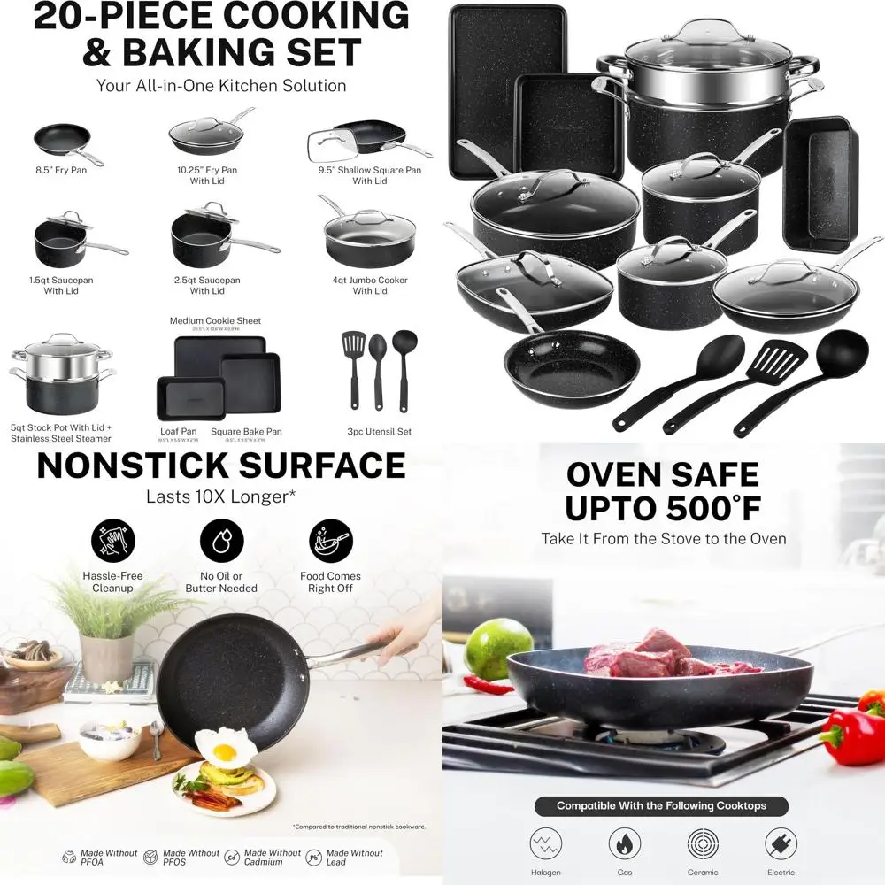 

20-Piece Nonstick Cookware Set: Saute Pan, Bakeware, Steamer, Utensils, PFOA/PFOS-Free, Oven & Dishwasher Safe