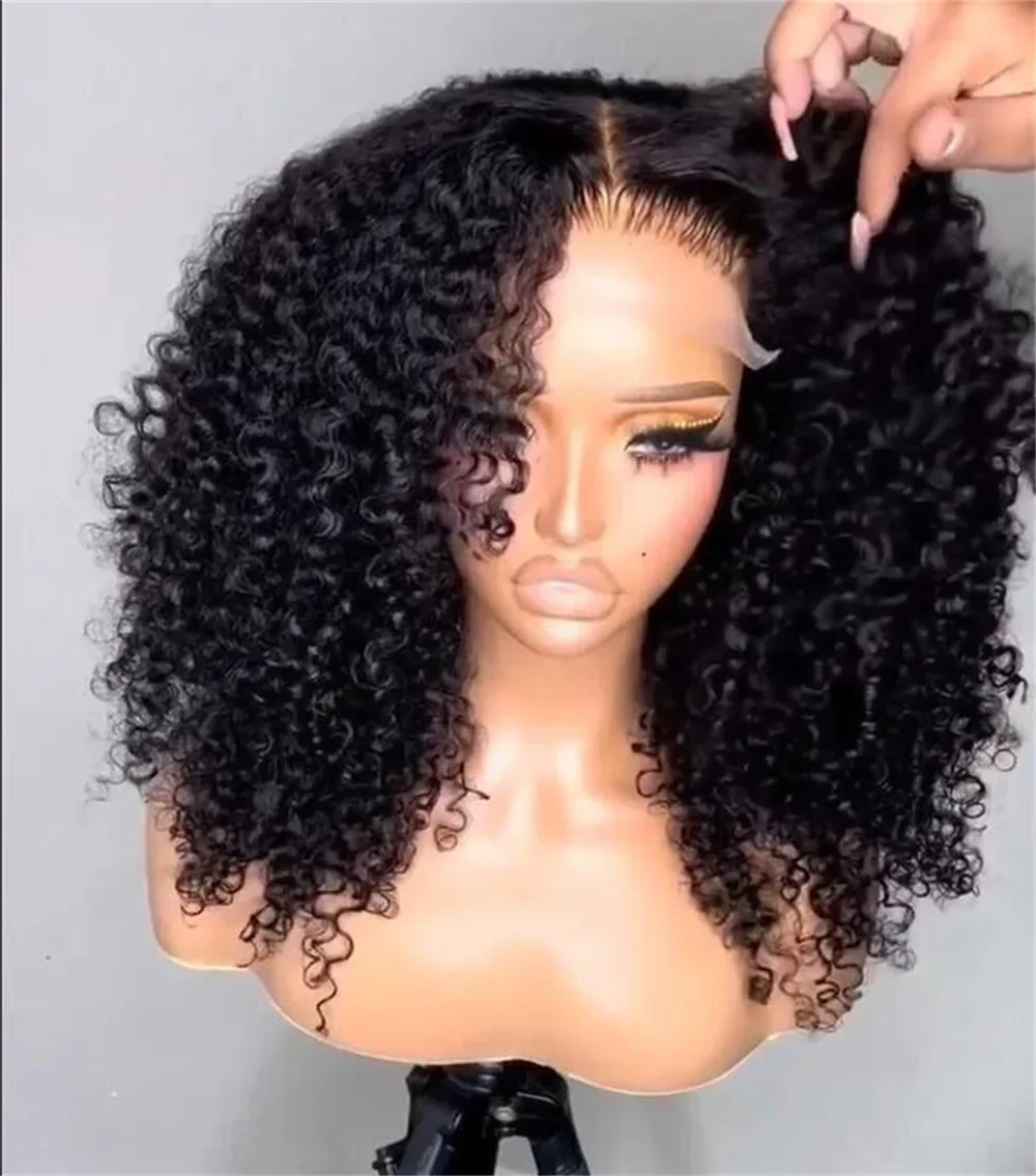 Soft 26inch Natural Black Glueless 180Density Long Kinky Curly Deep Lace Front Wig For Women With Baby Hair Preplucked Daily