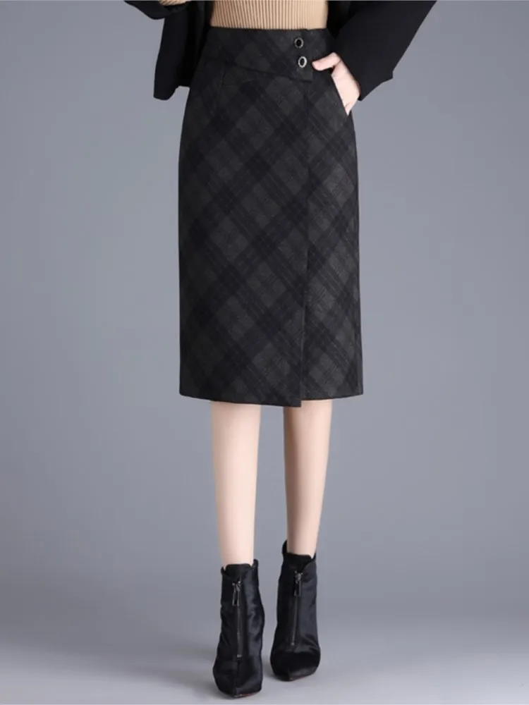 

ZUZK Grid Woolen Wrap Skirt For Women Autumn Winter New High Waisted Slimming Knee-Length Bodycon Skirts