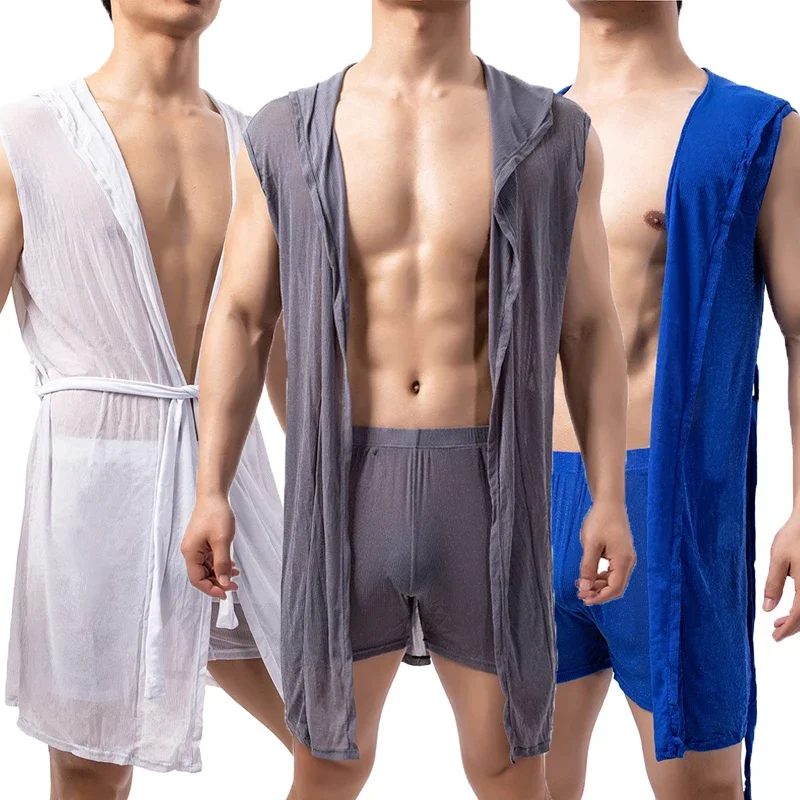 

Men Sexy Pajamas Sleepwear Silk Pijama Hombre Hooded Bathrobe Men Bath Summer Dress Bath Robe