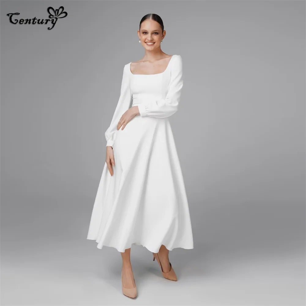 

Long Sleeves Wedding Dress For Women Square Neck Tea Length Bride Dresses A Line Marriage Vestido De Noiva Civil Robe