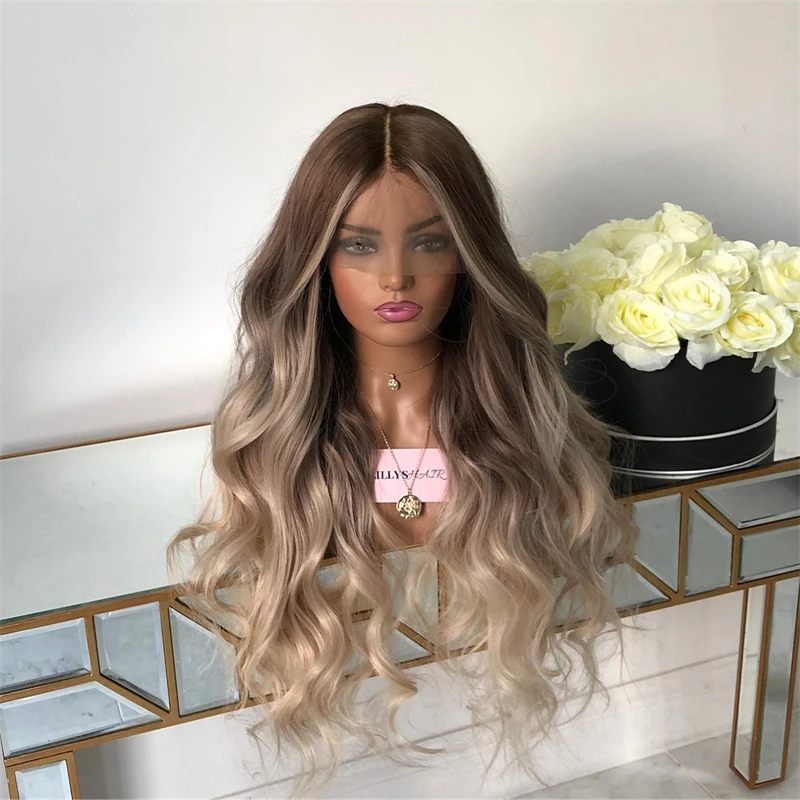 

Cosplay Woman Wigs Ombre Ash Brown Blonde Colored Lace Front Wig Loose Wave Long Synthetic Natural Hairline Top Sale High Heat