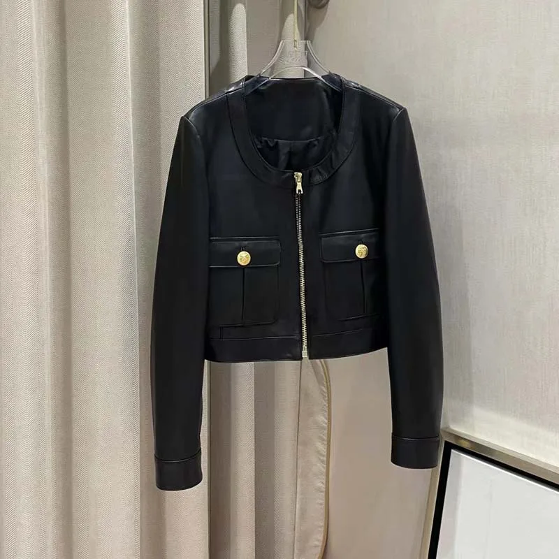 Luxury Fashion Women Coat Spring 2024 New Fashion O-Neck Collar Clothes Short Length Two Big Pockets Long Sleeeve