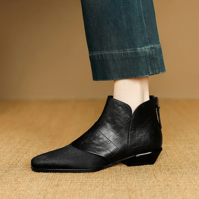 Women's new genuine leather, cowhide, horsehair splicing square toe, back zipper, middle heel, Chelsea short boots, fashion boot