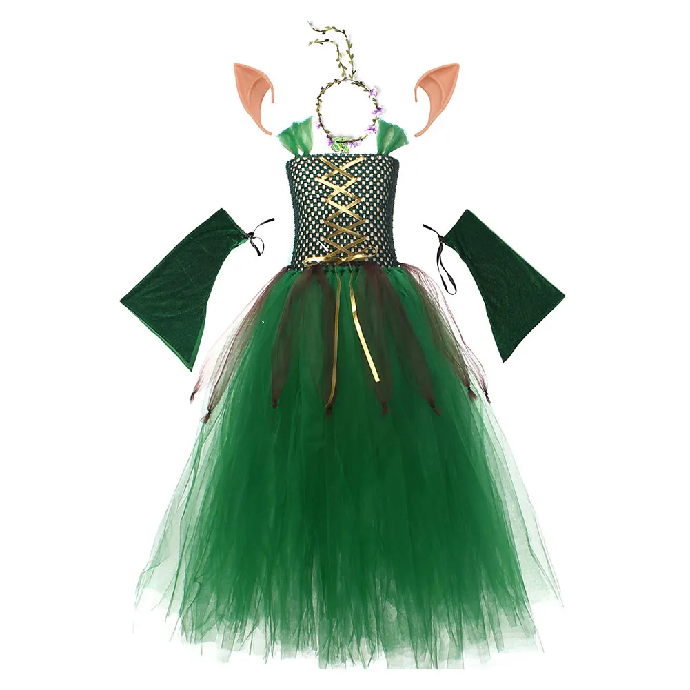 Kids Girls Forest Elf Cosplay Tutu Green Dress Costume Role Play Dance Skirts Stage Performence Elf Ear Outfits Halloween Suit