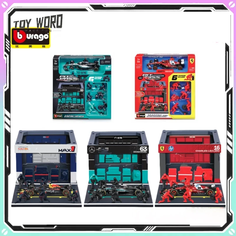 

Bburago 1/43 Scale F1 Formula Racing Car Ferrari Mercedes Red Bull RB21 Pit Stop Garage Scene Set Collectible Display Model Gift