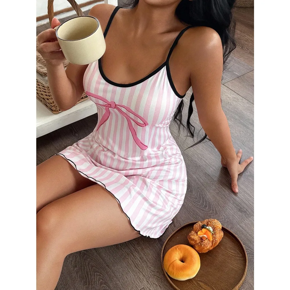 

Pink & White Striped Bow Print Women's Camisole Nightgown Sleepwear Dress Babydoll Sleep Dress Lingerie Sleepwear Cute Sleepwear Sleep Dress