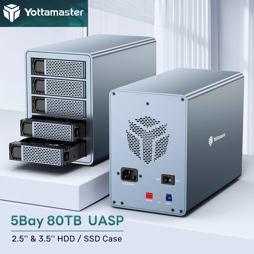 

Yottamaster 2.5/3.5 inch SATA HDD SSD External Case USB3.0 150W Hard Drive Enclosure UASP 80 TB House for NAS Network Storage