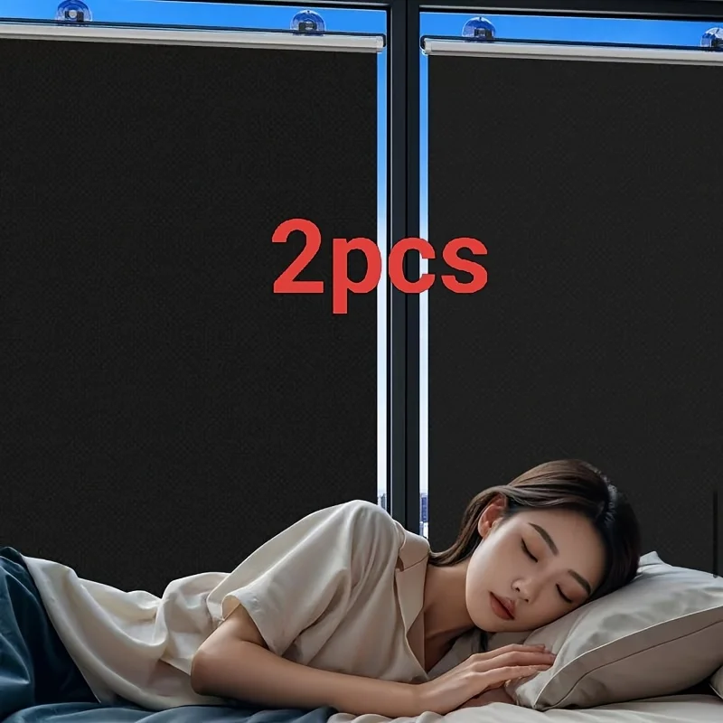 2pcs of Black Blackout Roller Blinds with Suction Cups, No Drilling Required, Adjustable Sunshade Curtains for Privacy