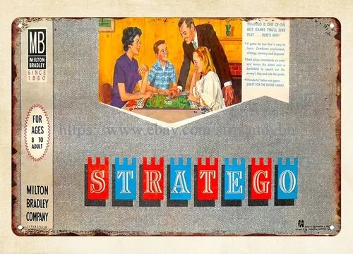 1962 memoria infantil juego STRATEGO cartel de metal estaño hombre cueva decoración de pared