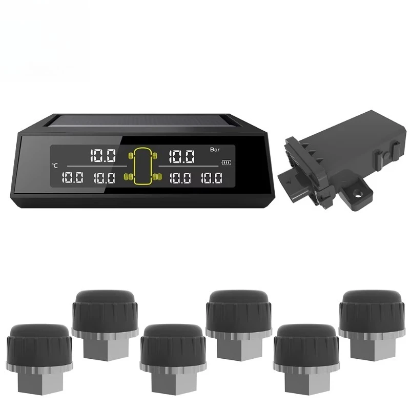 Tire Pressure Monitoring System Solar Wireless TPMS with 6 Tire Interior Sensors Digital LCD Automatic Safety Alarm TPMS
