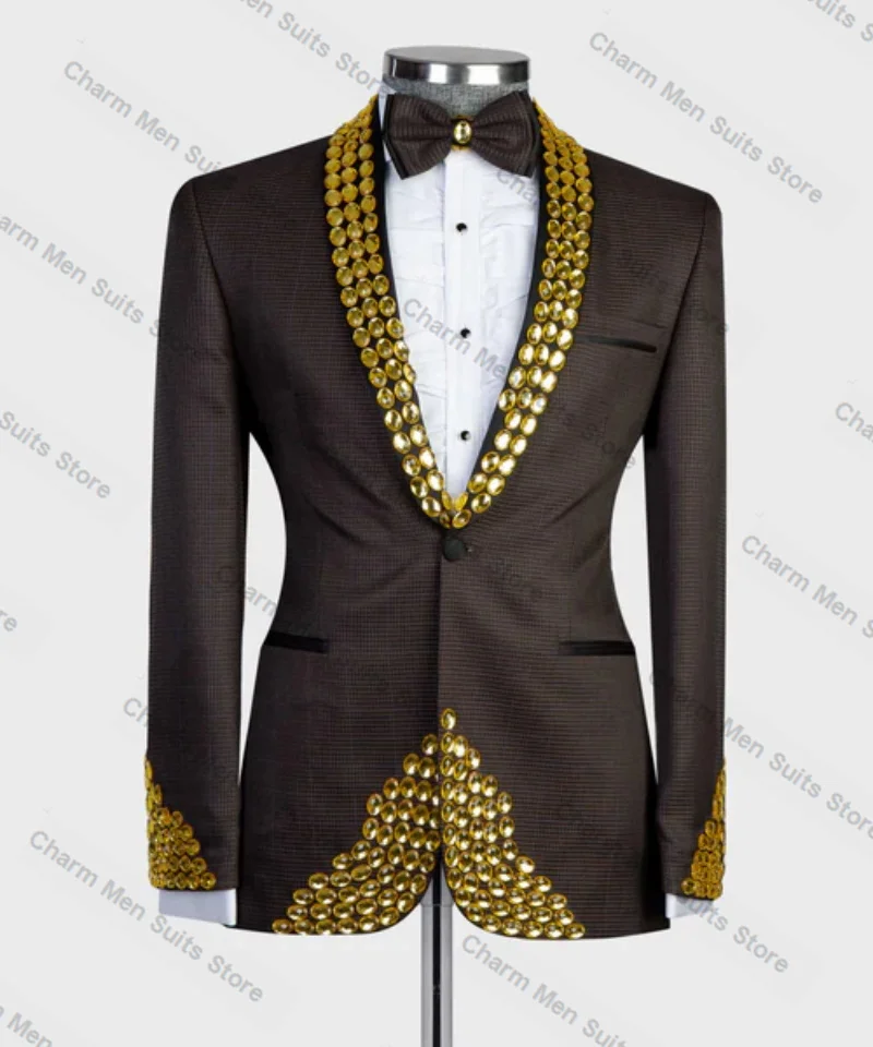 

Houndstooth Brown Men Suits Set 2 Piece Blazer+Pant Trousers Gold Crystals Customized Wedding Tuxedo Formal Office Prom Jacket