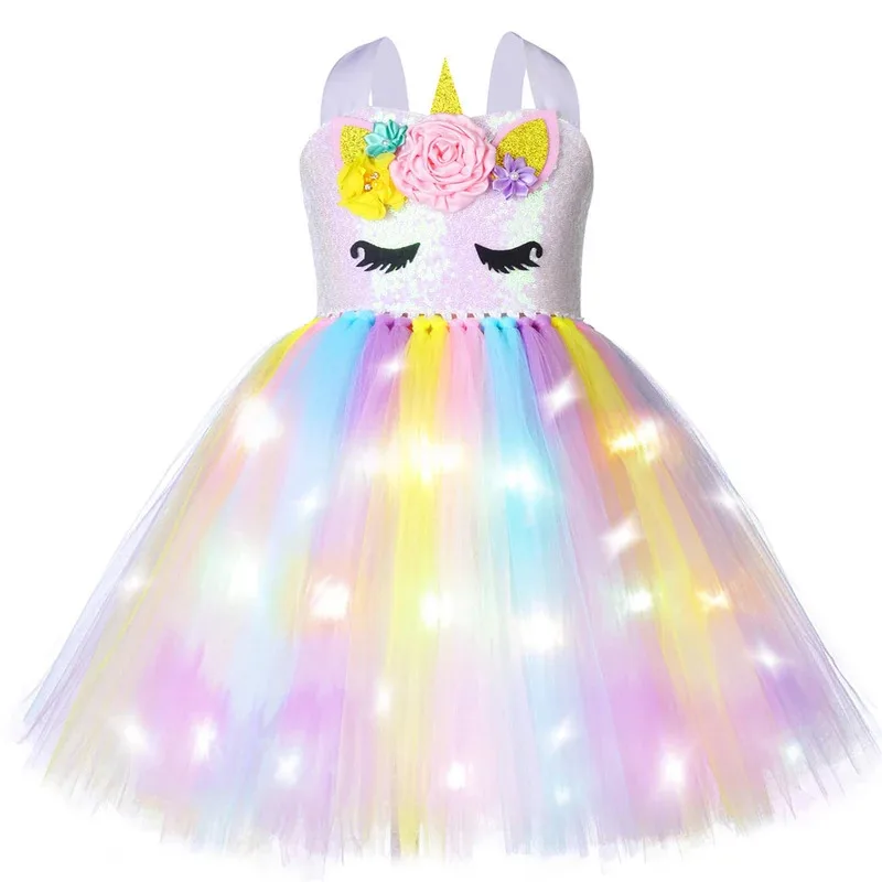 Girls Glittery Pastel Unicorn Costumes Led Lights Little Pony Princess Dresses for Kids Birthday Party Tutus Outfit with Wings