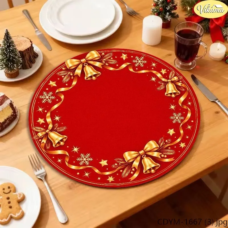 VIKAMA Christmas Round Placemats, Red Gold Bow Bell Ribbon Star Snowflake Garland Ring, Holiday Kitchen Mat
