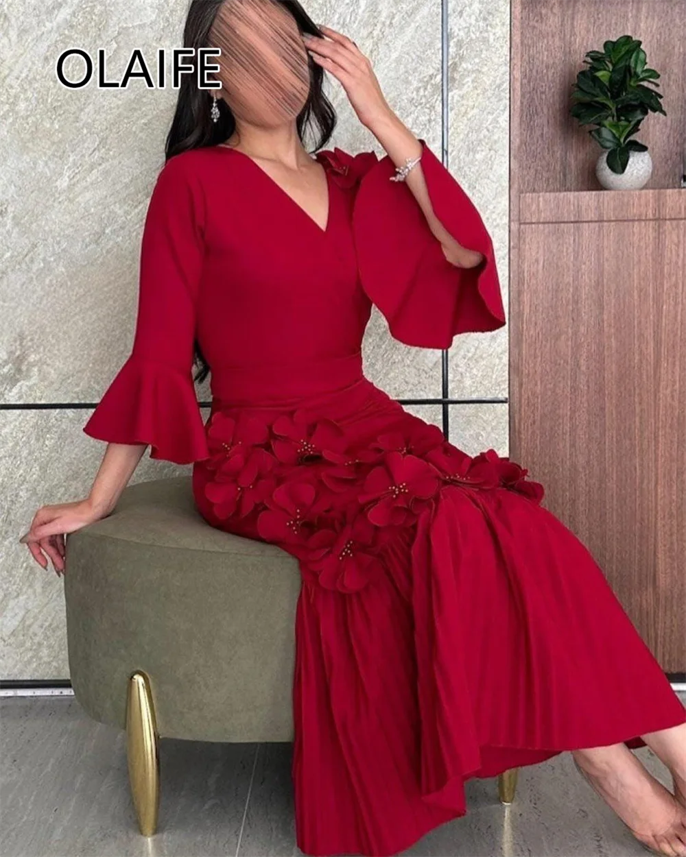Vestido de noche saudí Floral satinado con cuello en V para mujer, vestido de dama de honor de noche hasta el tobillo con manga larga abombada, personalizado
