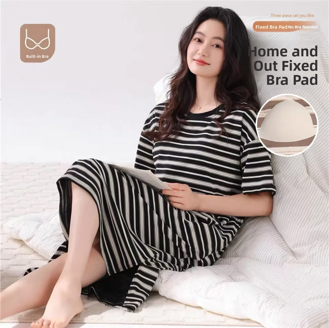 Summer Cotton Pajama Women's Short Sleeve Dress Casual Striped Sleepwear Home Clothes Thin Model Comfortable Breathable Dress