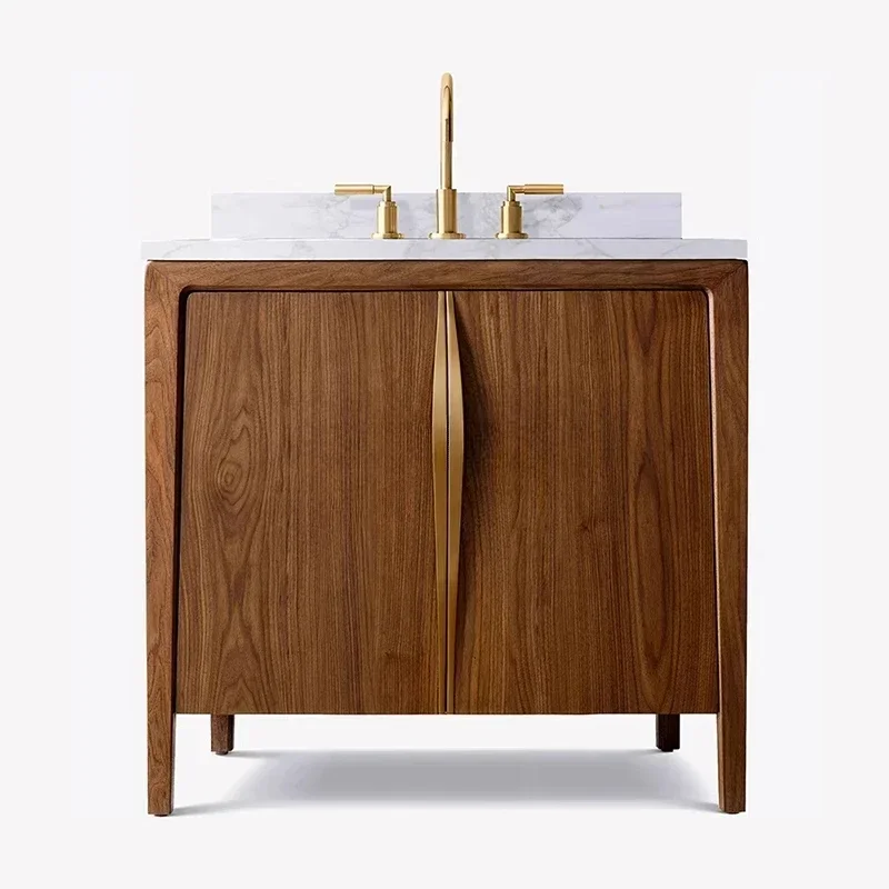 

Американский светлый роскошный двойной дверной умывальник из цельного дерева, умывальник для рук, шкаф для ванной комнаты