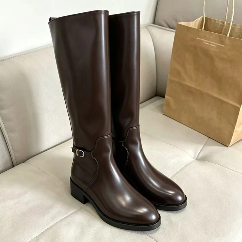Luxury Brand Long Women's Boots 2026 Autumn Winter New Round Toe Thick-heeled Knight Boots Retro British Style Knee Boots Women