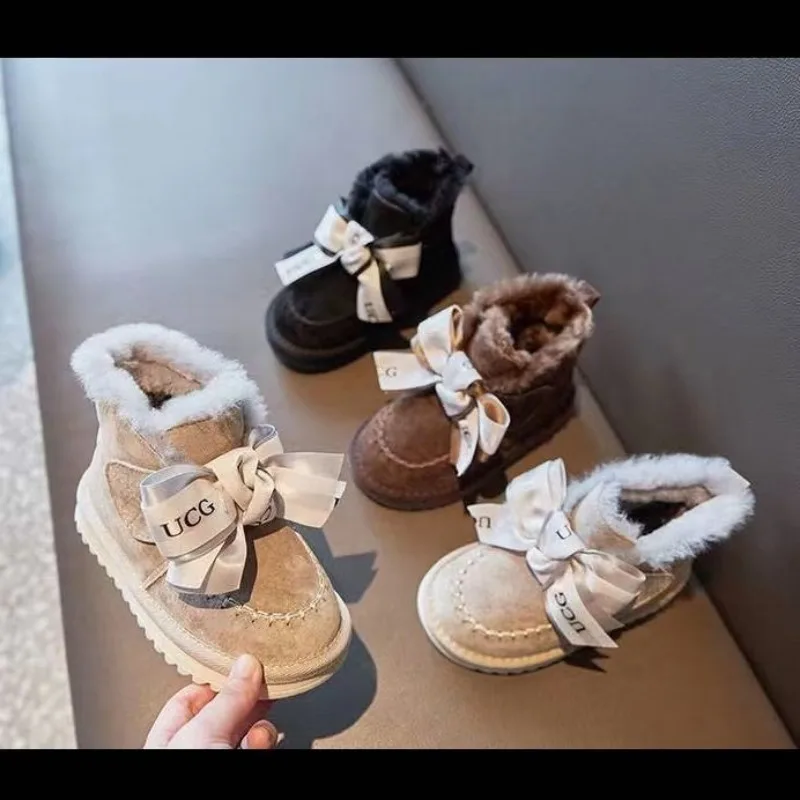 Girls Winter Snow Boots Girls Fleece Warm Cotton Boots Children Thickened Bows Princesses Cotton Ribbons Solid Color Booties