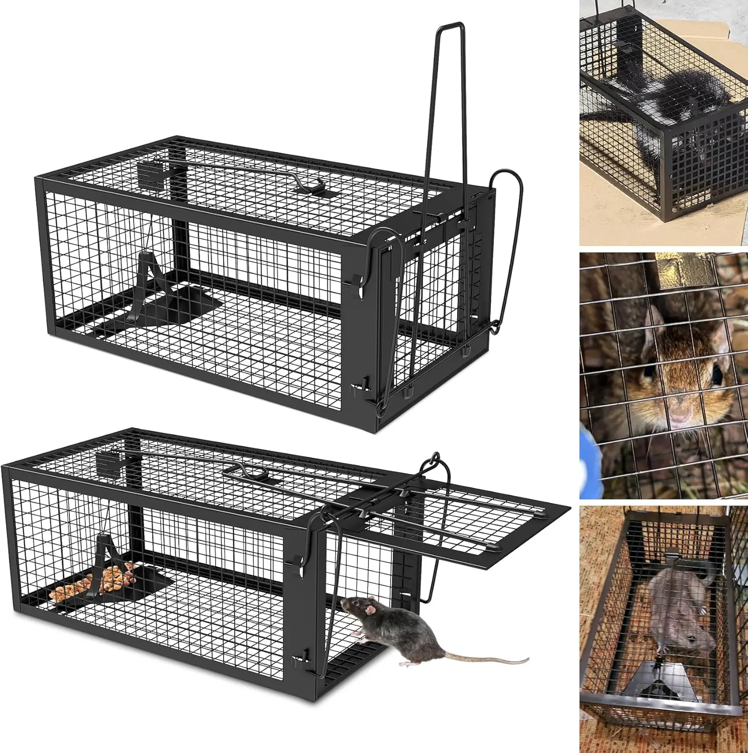 

2-Pack Humane Live Animal Traps for Indoor and Outdoor Use, Reusable Rodent Cage for Safe Catch and Release - Black