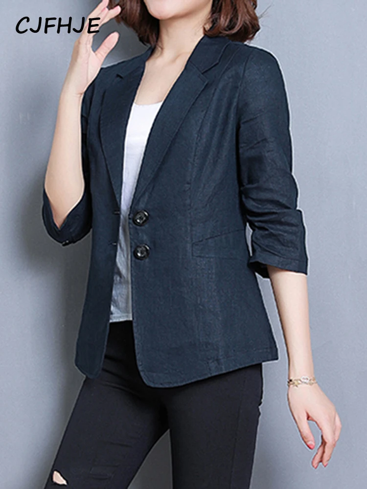 CJFHJE Notched Collar White Blazer Women Black Linen Suit Jacket Slim Thin Summer Pockets Two Buttons Green Office Lady Blazers