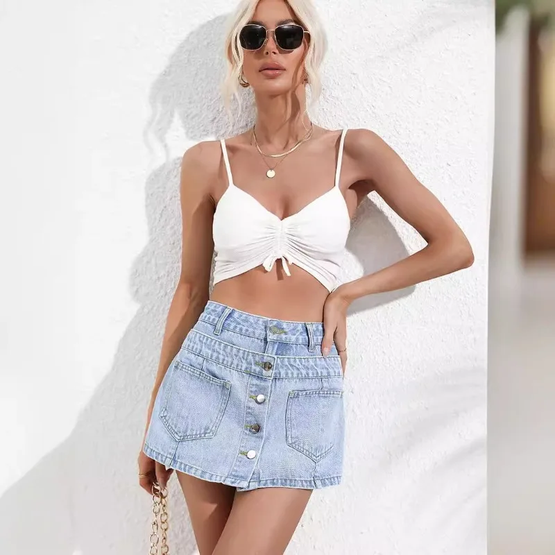 Mulheres verão 2023 Sexy Cintura Alta azul Botão Shorts Verão streetwear Cor Sólida Flap Bolso Belt Loop Culottes Adulto shorts