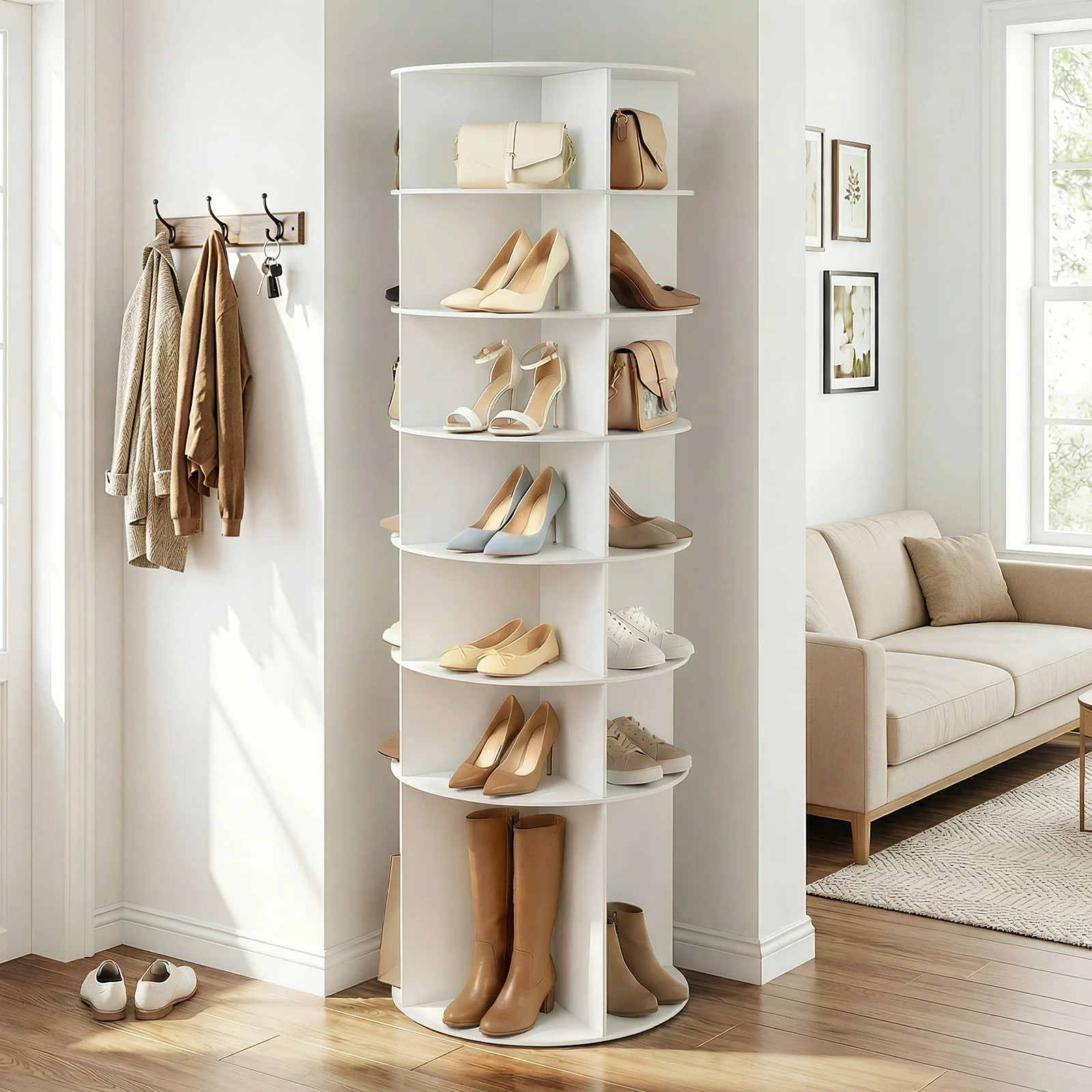 7-tier, 360 rotating wood-plastic composite shoe rack, 60*60*184cm, white