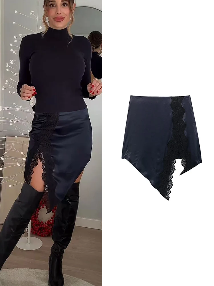    TFMLN falda asimétrica de encaje para mujer moda nueva Falda corta con cremallera lateral de Color sólido faldas elegantes de cintura alta para mujer