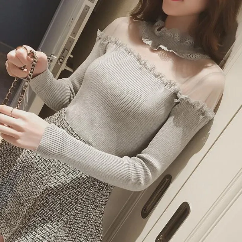 Ladies New Fashion Mesh Splicing Pullover Sweater Women Clothing Girls Autumn Casual Knitwear Female Woman OL Sweaters VA1251 2