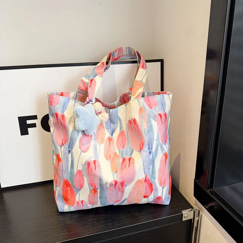

Large Capacity Canvas Shoulder Bag Fashion Tulip Floral Shopping Bag Handbag Bookbag Lady Portable Travel Tote Bag Spring Summer