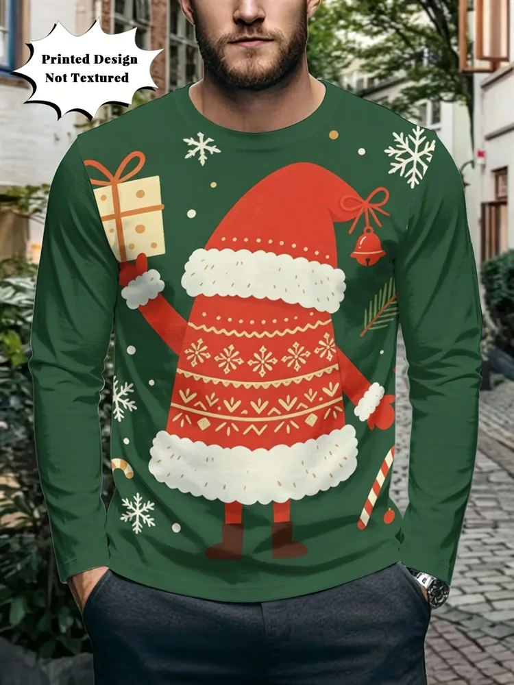 Men's Christmas Santa Claus Long Sleeve T-Shirt Green Snowflake Gift Box Bell Candy Cane Graphic Tee Pullover Tops New 2026