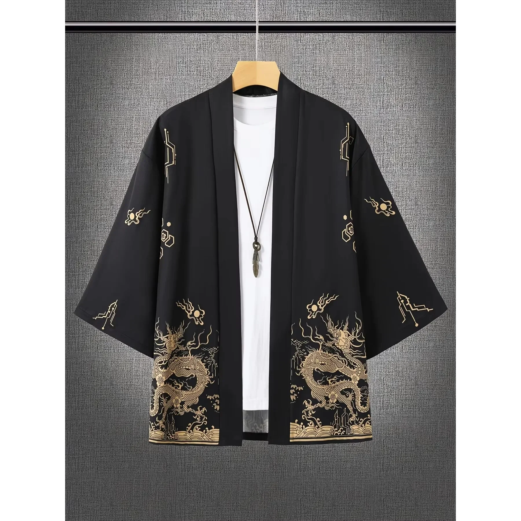 Men Open Front Haori Kimono Cardigan 3D Print Golden Dragon Cloud Wave Art Pattern Polyester Loose Short Sleeve Outerwear