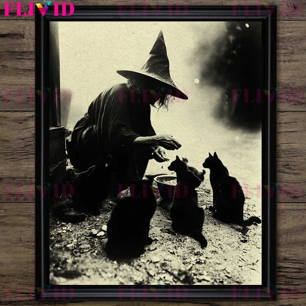 The Bond Between Witches And Black Cats,Vintage Photo Wall Art Canvas Print,Witch Travel Record,Art Poster Print Home Decoration