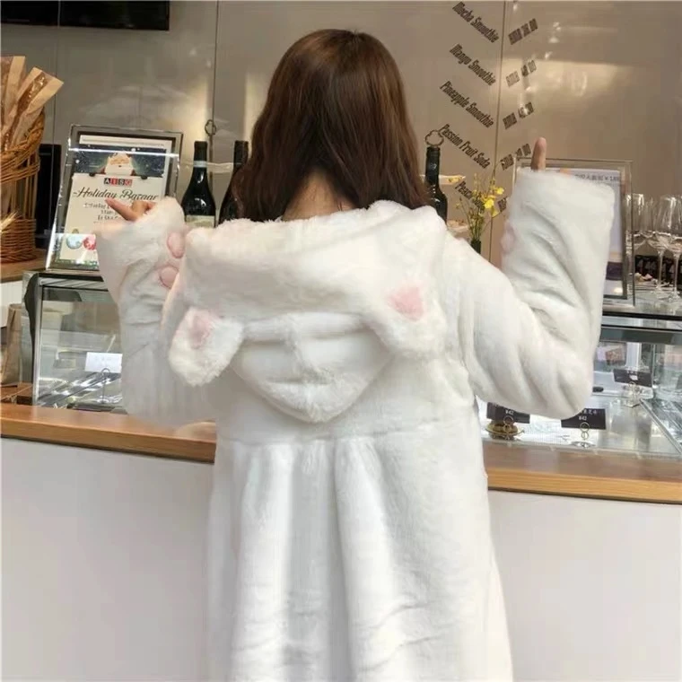 Winter Jacket Women Lolita Fleece-lined Thickened Girl Soft Fabric Kawaii Cat Ear Hat Claw Cute Plush White Coat Youthful Parka