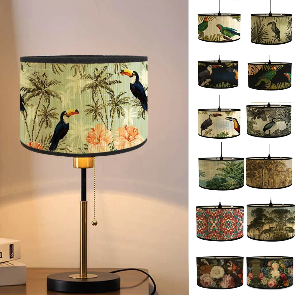 Nordic Drum LampShades Vintage Bamboo Lamp Cover Floral Birds Pattern Table Floor Lamps Pendant Light Cafe Home Homestay Decor
