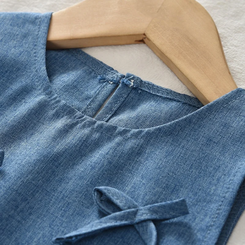 2026New Summer Girls' Outfit: Imitation Denim Bowknot Patchwork Vest and Long Pants Two-Piece Set