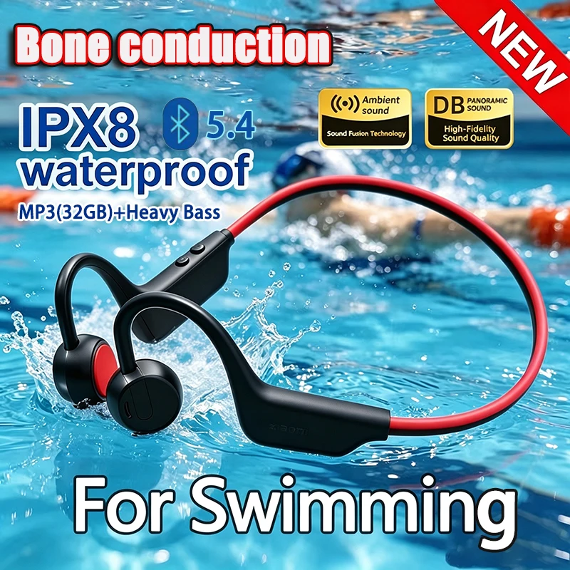 NEW IPX8 Bone Conduction Headphones Wireless Waterproof Swimming Sports Headset Bluetooth 5.4 With Mic For Exercise Fitness