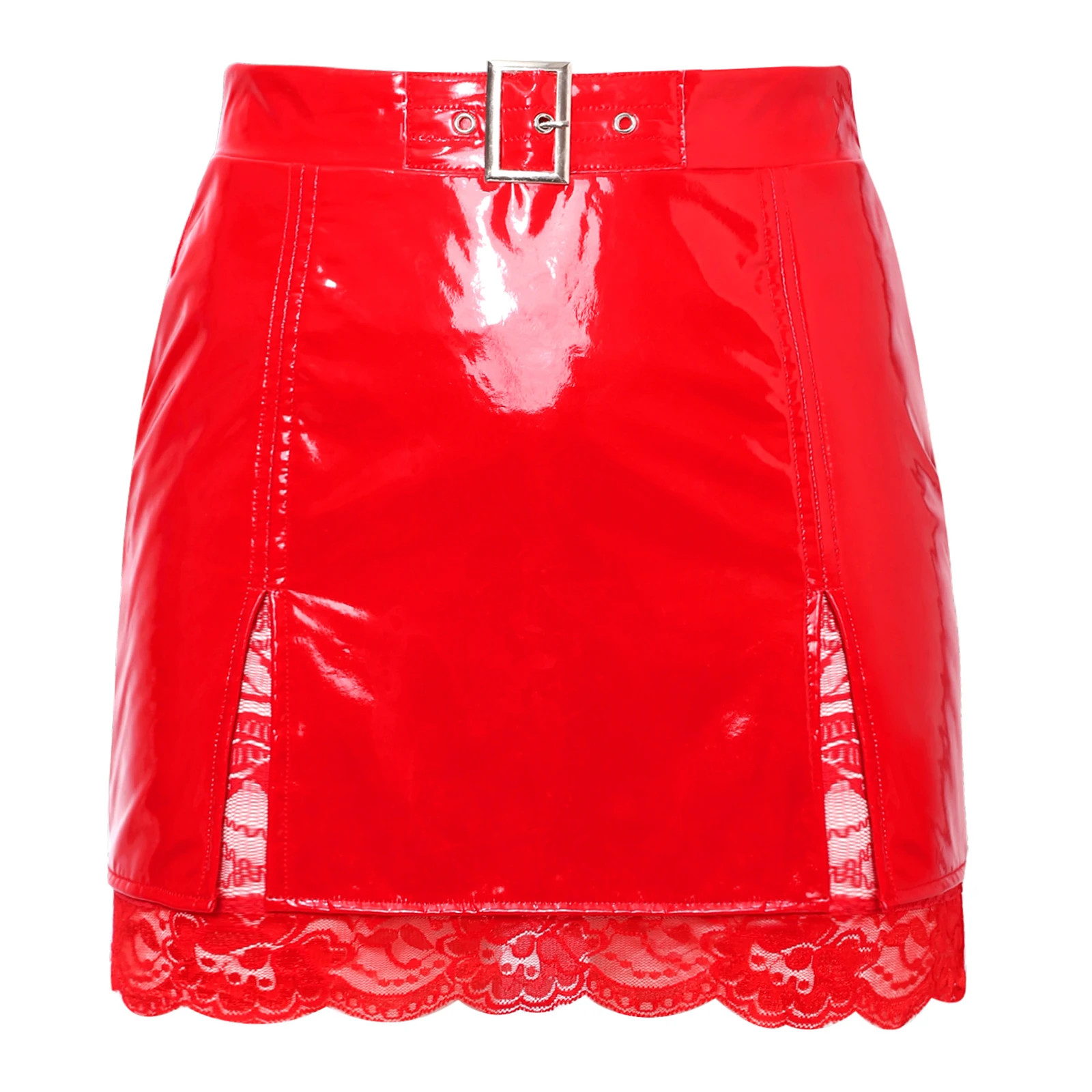 

Women Glossy PU Leather Bodycon Miniskirt Split Hem Wet Look Layer with Floral Lace Lining Tiered Skirt for Nightclub Rave Party