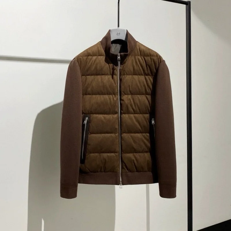 

Old Man's Men's Style Knitted Wool and Felt Fabric Patched White Down Feather Jumper Jacket Coat