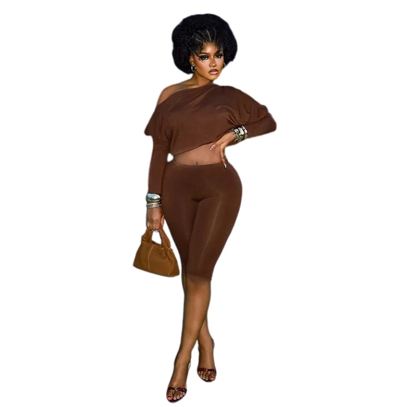 2 Piece Set Women's One Shoulder Diagonal Collar Long Sleeve Asymmetrical Crop Vest Tops & Bodycon Pants Solid Color