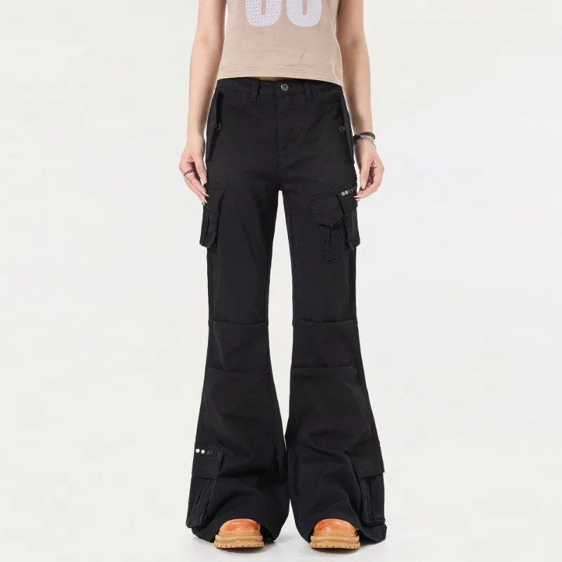 OR FL American Retro Y2k Micro 98 Cotton Women Cargo Trousers Double Layer Fold Design Sense Horn Wide Leg Pants Women's Slacks