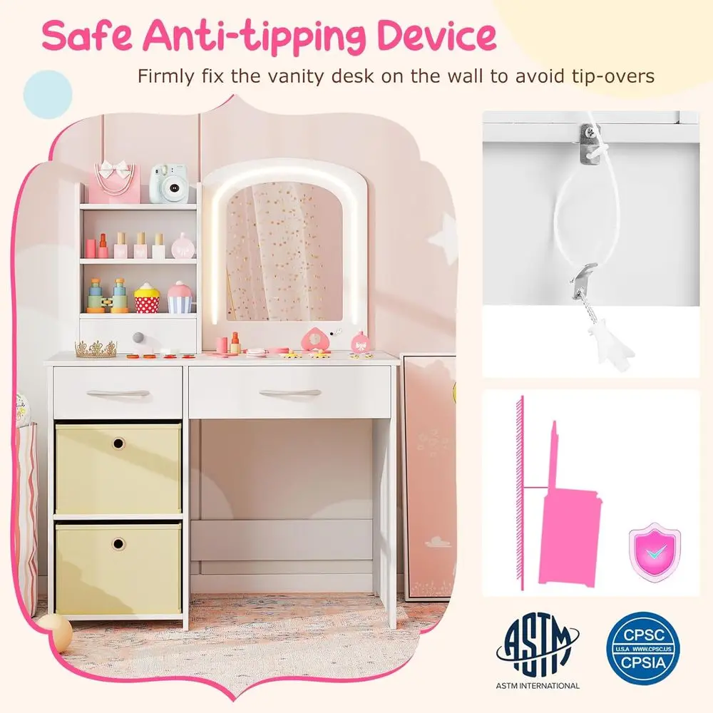 طقم فانيتي للأميرة البيضاء مع مرآة مضاءة، ومكتب مكياج، ومقعد، وأدراج وأرفف للفتيات الصغيرات