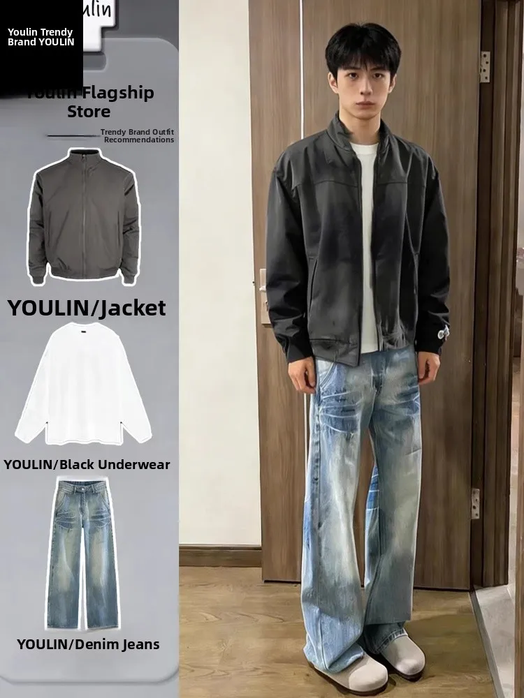 

Крутой американский комплект одежды для мужчин: куртка-бомбер, весенняя куртка с воротником-стойкой, модный образ для мальчиков