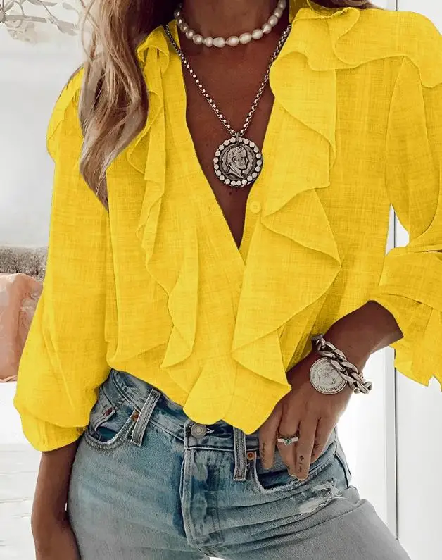 Fashion Top Women Blouses Shirt 2023 Ruffle Hem Button Front Blouse Female Clothing Outfits T-Shirts Pullover Tops