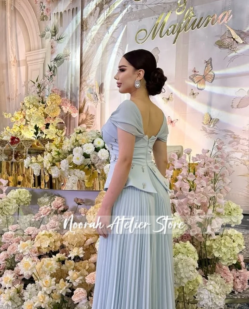 Azul Dubai Mangas Curtas Vestidos de Noite 2025 Vestido de Noiva Frisado Aline Vestido de Baile فساتmaveraVestido Formal Personalizado