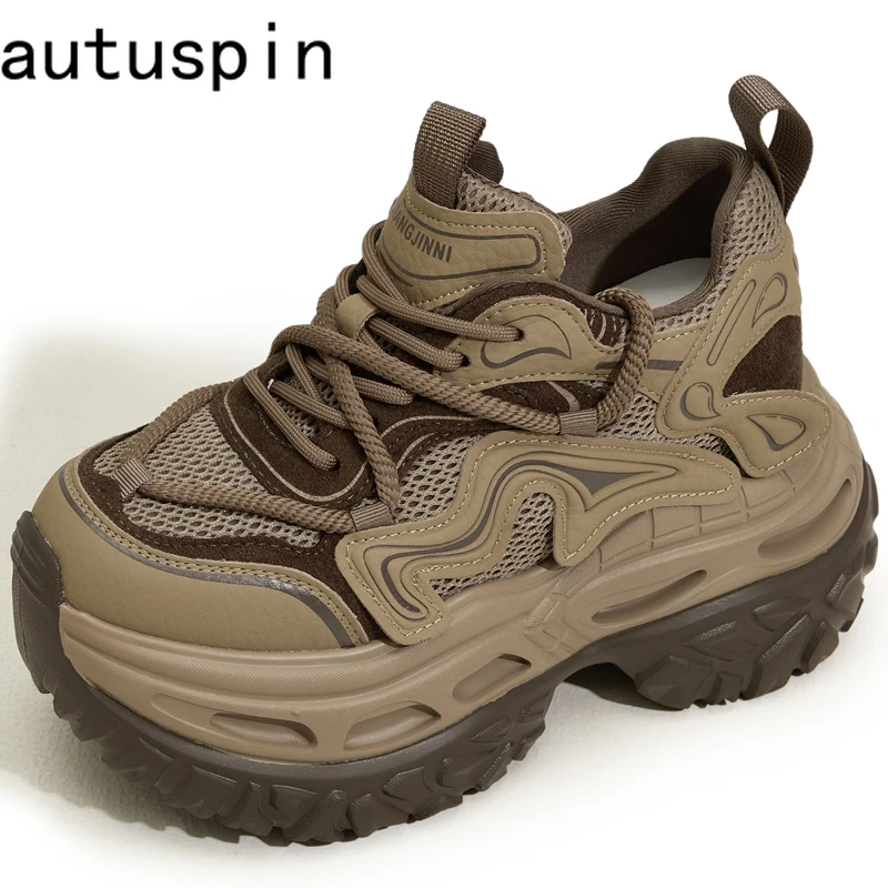 

AUTUSPIN Нескользящая женская обувь на массивном каблуке, зима 2024, модные кроссовки на платформе, уличная повседневная походная прогулочная обувь с перекрестной завязкой, женская обувь