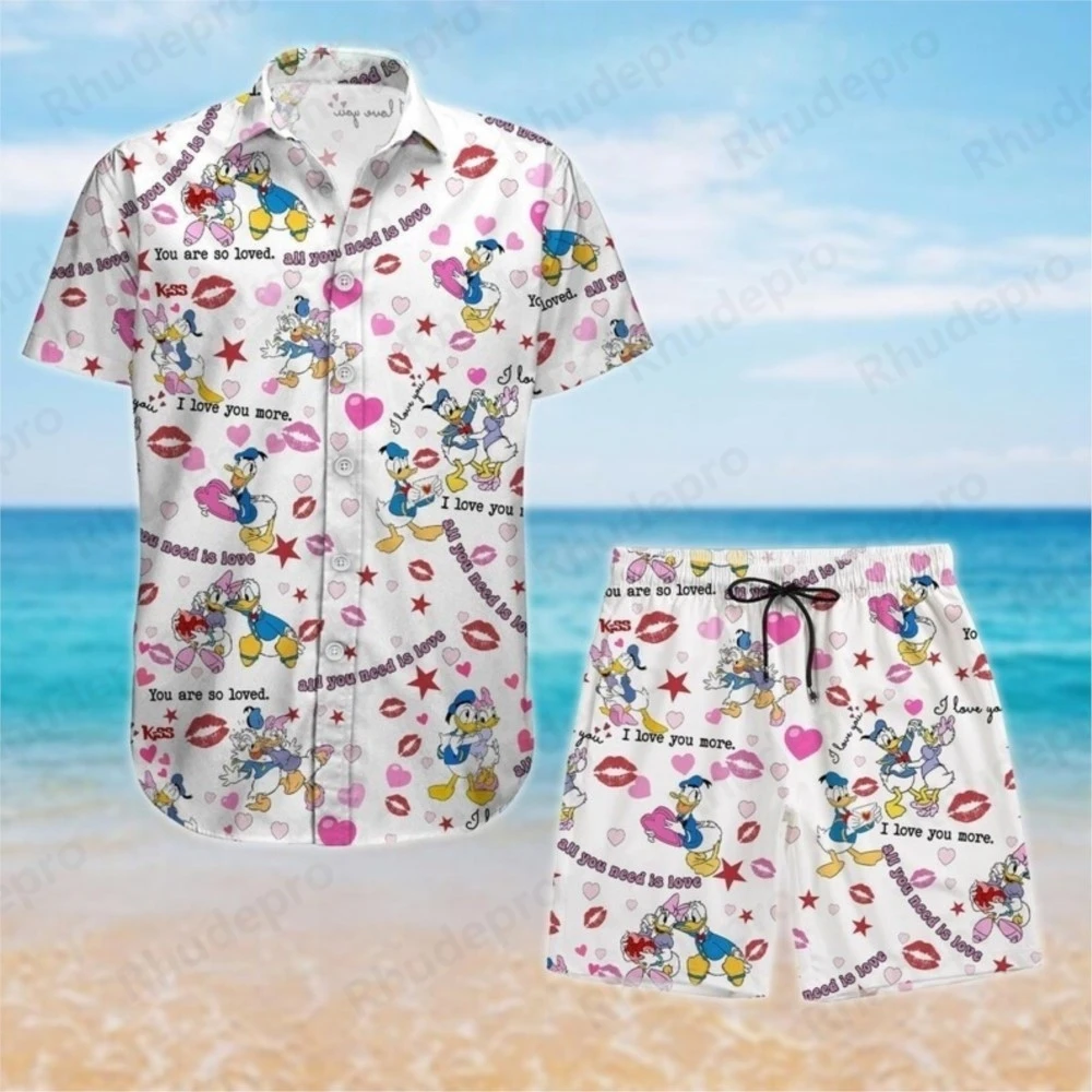 

Daisy Duck Hawaiian Shirt Beach Shorts Suit Men's Women's 2025 Summer Casual Vacation Short Sleeve Shirt Pants 2 piece Set