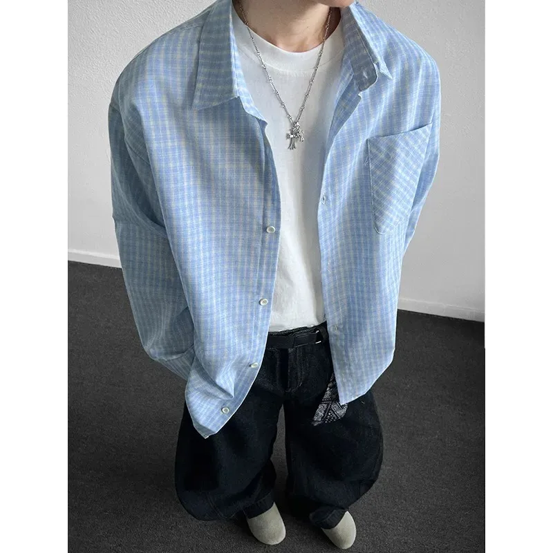 

Men's Light Blue Plaid Button Down Shirt Oversized Long Sleeve Lapel Collar Casual Korean Style Top